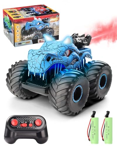 Onalix Coche Teledirigido Dinosaurio, RC Monster Truck con Luz LED, Spray y Sonido, Coche Radiocontrol 2.4GHz para Niños 3-12 Años, Juguete Regalo Niños Navidad Cumpleaños