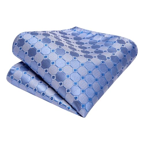 Image of Hi-Tie Sky Blue Mens Ties Light Blue Plaid Necktie for Men Novelty Tie Handkerchief Cufflinks Lapel Pin Set Wedding Business, Medium