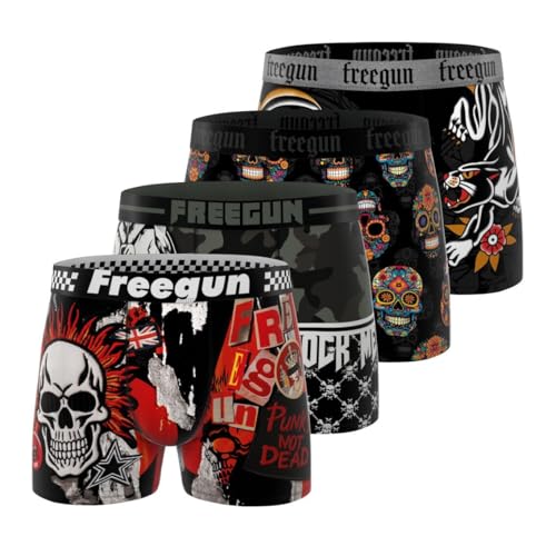 FREEGUN Boxer Enfant, Caleçon Garçon Skull, Doux & Respirant (Lot de 4), Noir Taille 14 ans/16 Ans