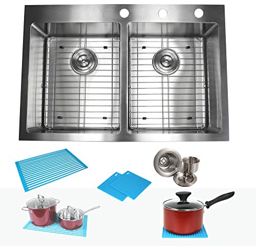 Best Promo 33 Inch Drop In Topmount Stainless Steel Kitchen Sink Package 16 Gauge 50/50 Equal Double Bowl Basin w/ 9 Gauge Deck - Complete Sink Pack