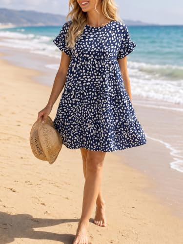 Image of Chuanqi Womens Ruffles Boho Floral Printed Babydoll Loose Swing Casual Short Mini T-Shirt Dress