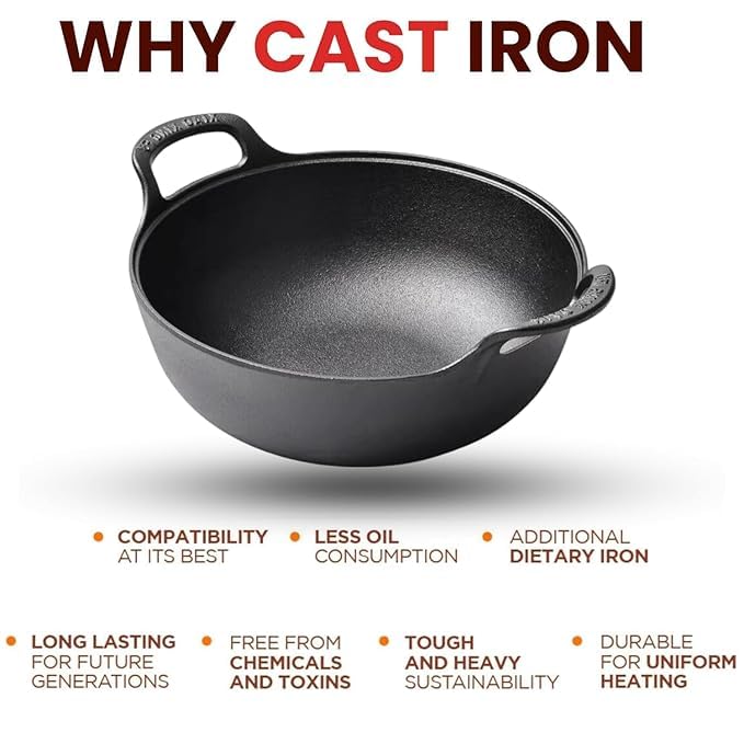 Image of Preseasoned Cast Iron Kadai with Double Handle|Medium 30 Cm /1.8Ltr,3..2Kg| Induction Friendly|Nonstick Pure & Toxin Free,No Chemical Coating,Black