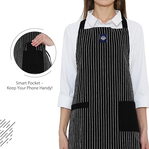 Image of Encasa XO Cotton Cooking kitchen Apron for Women and Men chef apron With adjustable neckstrap, Pocket & Towel Holder for Easy cooking, Baking, BBQ, Gardening- Butcher Stripes Black, 68x85 cm