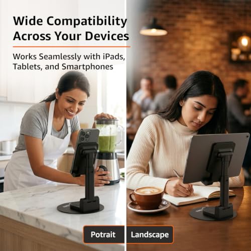 Image of amazon basics Mobile Stand 360Rotation for Desk, Stable Metalic Round Base, Portable Phone Holder, Tabletop Phone for Smartphones,Tablets,Kindles & for iPad