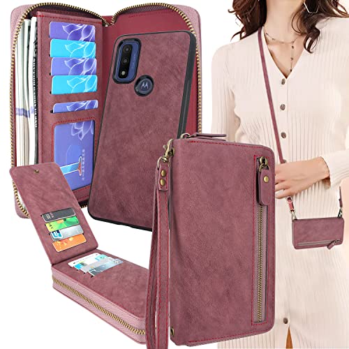 Lacass Crossbody Chain Dual Zipper Detachable Magnetic Leather Wallet Case Cover Wristlets Wrist Strap 13 Card Slots Money Pocket for Moto G Pure/Moto G Power 2022 (Wine red)