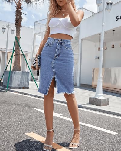 Women High Waist Front Thigh Split Washed Raw Hem Tassel Midi Slit Denim Skirt High Rise Mini Wrap Jean Skirt2
