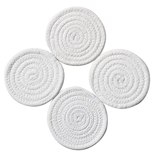 Coasters Set Pure Cotton Thread Weave Round Drink Hot Pads Mats Coasters Set of 4 by 43 Inches Protect Furniture From Excess Condensation Scratch White