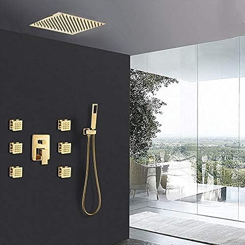 Golden Shower - Juego de grifos de 10 pulgadas con cabezal de ducha ultrafino dorado, 6 piezas de chorros de masaje de spa, grifo mezclador de 3 vías, kit de ducha dorado