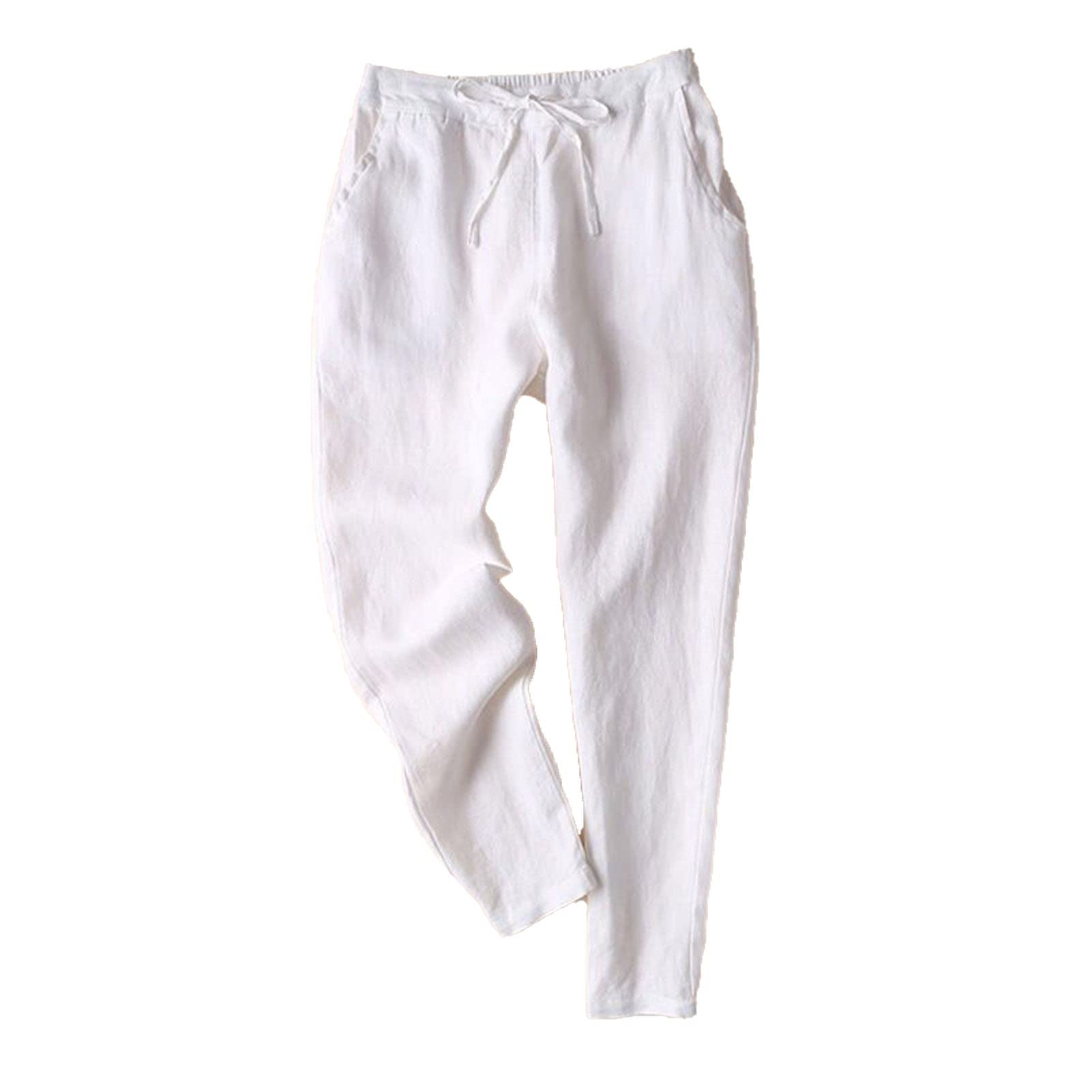 Maiyifu-GJ Women's Linen Cropped Wide Leg Pants High Elastic Waist Long Cropped Trousers Stretch Straight Summer Casual Pant (White,Small)