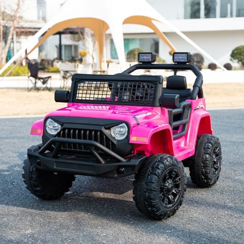 12V 7AH Kids Ride-On Truck Jeep, Electric Car with Parent Remote Control, Spring Suspension, LED Lights, Bluetooth, Music, Pink