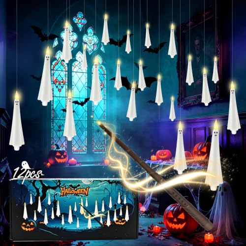 Image of kakoya Ghost Flameless Floating Candles with Wand Remote, 12 Pcs Magic Flickering Battery Operated LED Hanging Taper Candles for Halloween Party Decoration(White)