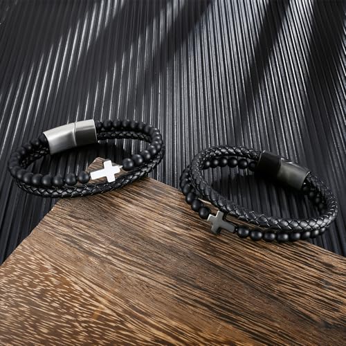 Pulsera de cuero con cuentas para hombre, cruz bañada en oro y rodio miniatura 5