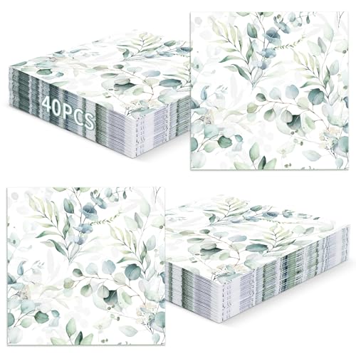 40Pcs Sage Green Party Decorations Napkins, 3 Ply Greenery Eucalyptus Leaf Paper Napkin, Sage Green Square Napkins Disposable Hand Towels for Wedding Birthday Party Bridal Baby Shower Supplies Favors
