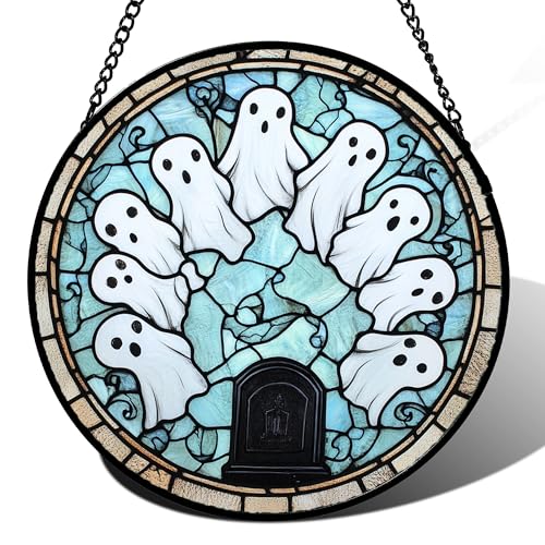 Image of Stained Glass Window Hanging - Halloween Decorations Ghosts Tombstones Suncatcher for Doors Garden Indoor Spooky Funny Sun Catchers Gothic Decor Horror Gifts for Women Men Friend 15 in