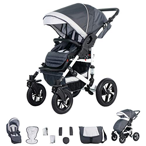 Friedrich Hugo Hamburg | 3 in 1 Kombi Kinderwagen Set | Luftreifen | Farbe: Grey & White