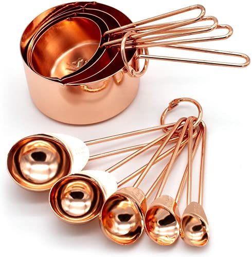 Copper Stainless Steel Measuring Cups and Spoons Set 9-Piece with Engraved Measurements, Pouring Spouts, and Mirror Polished Finish Ideal for Baking
