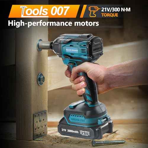 300N.m Cordless Impact Wrench, 21V Torque Power Impact Driver, 1/2" Brushless Impact Gun with 2*2.0Ah Batteries with 19 Accessories, Electric Impact Motor Variable Speeds for home installation (Blue) - Image 6