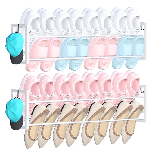 2 Pack Wall Mounted Shoe Rack for Narrow Spaces, Hanging Shoe Rack Holds 16 Pairs, 17"-30"Adjustable Heavy Duty Wall Shoe Storage with 4 Storage Hooks, Space Saving for Closet Entryway Door, White