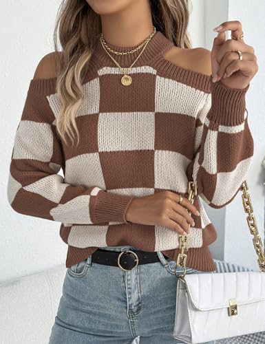 IDEALSANXUN Womens Checkered Sweater Fall Winter Long Sleeve Off Shoulder Knitted Sweater4
