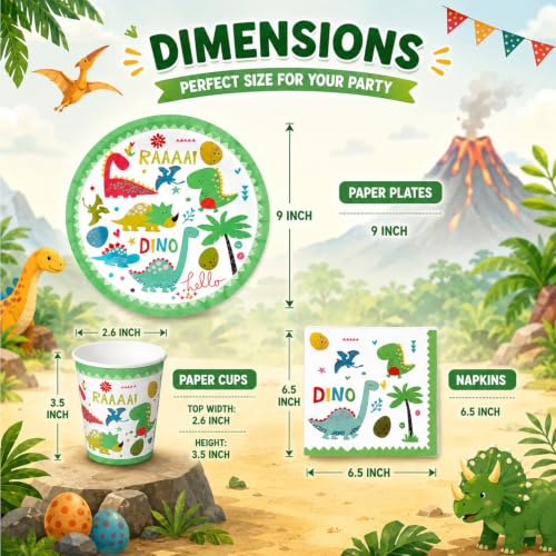 Image of Rozi Decoration Dinosaur Party Set 30Pcs Plates Glasses Napkins Cute Design