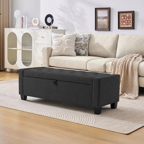 Image of Huatean Home 43 inch Ottoman with Storage, Storage Ottoman Bench with Safety Hinge, Upholstered Entryway Bench with Seating for Bedroom, Living Room, Holds up to 330 lb, Dark Gray