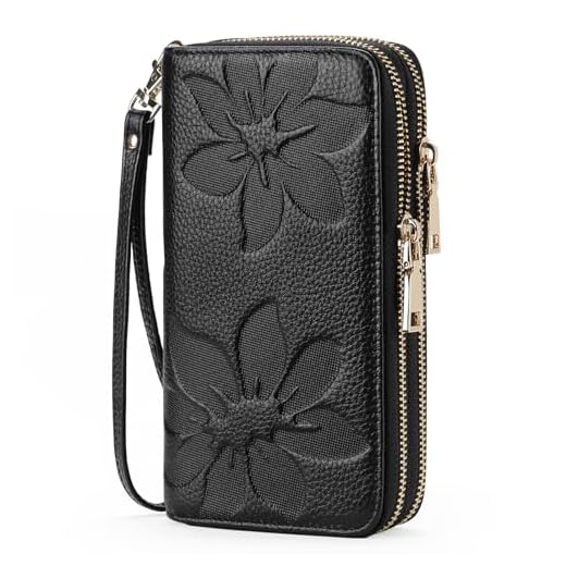 GOIACII Women's Wallet Large Capacity Double Zip Around Credit Card Holder Leather Ladies Wallet with RFID Blocking Phone Wristlet Purse Black
