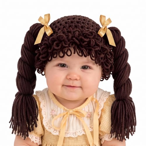 Halloween Cabbage Costume Yarn Wig, Dark Brown 4, Long Braided Pigtails