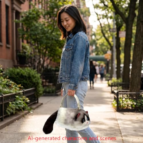 Image of Realistic Puffy Plush Cat Shaped Crossbody Handbag for Women