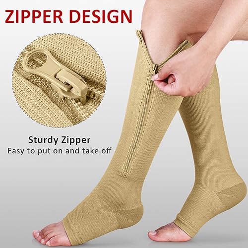 Image of Ailaka Medical Zipper Compression Socks, 15-20 mmHg Knee High Open Toe Compression Socks for Men Women, Support Socks for Varicose Veins, Edema