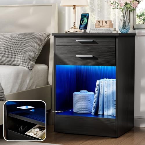 Loomie Black Nightstand with RFID Lock Cabinet & Wireless Charging Station, Night Stand with LED Lights & Human Body Senor, Bedside Table with Tray & Drawer, End Side Table with Hidden Compartment (1)