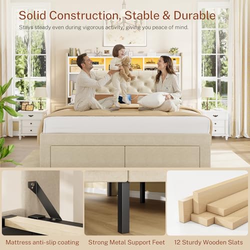 Image of TEENFON Queen Bed Frame with Headboard and 2 Drawers Storage, Bed Frame Queen Size Built in LED Lights and Charging Station, Sturdy & Noise-Free Upholstered Platform Metal Bed, Beige