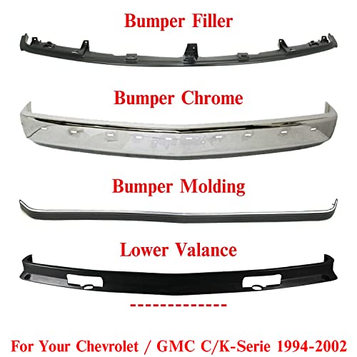 Us Auto Parts Plus New Front Bumper Face Bar Chrome + Molding Impact Strip + Lower Valance Air Deflector + Filler Primed Direct Replacement For Chevrolet/Gmc C/K-Serie 1994-2002 12376285 #TOP1