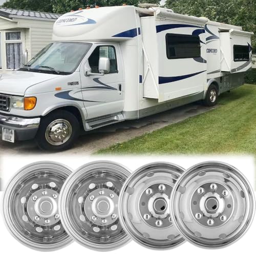 Image of 4pc 16 inch Polished Stainless Steel Dually Wheel Simulators, Nice Looking Bolt On 8 Lug Hubcaps 8 Hand Hole Compatible with Ford F350 1974-1998;E350 /E450 1992-2021;Dodge Ram 3500 1974-1999 608F