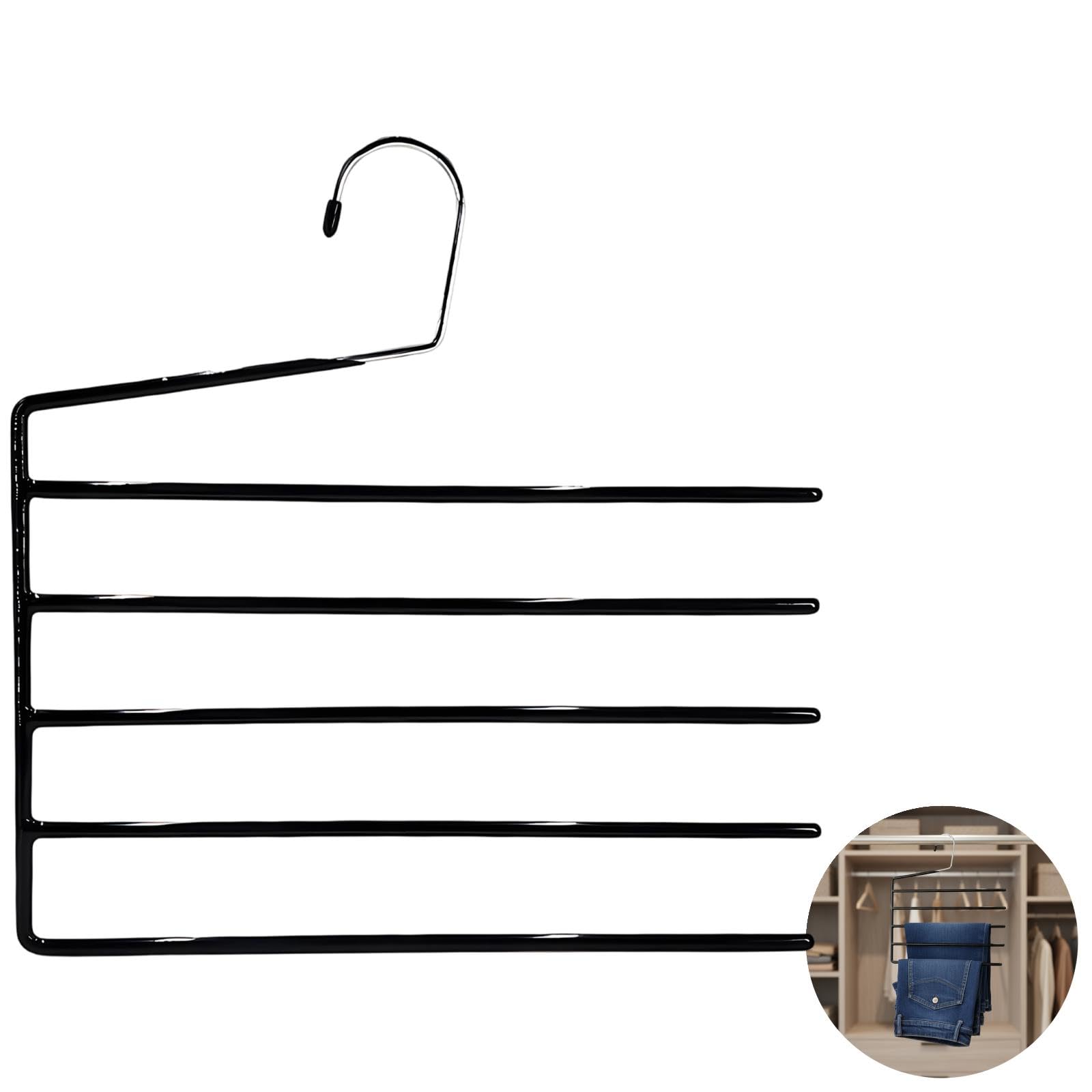 2er-Set Mehrlagen Hosenbügel, 5 Ebenen platzsparende Kleiderbügel mit Rutschfester PVC Beschichtung, Organizer für Hosen, Jeans, Schals, Krawatten, Handtücher, Schwarz, für Kleiderschrank