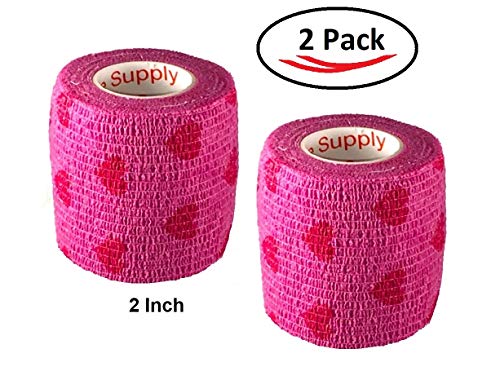 Image of Vet Wrap Tape (Pink with Hearts) (2 Pack) (4 Inch x 15 feet) Self Adhesive Adherent Adhering Cohesive Flex Self Stick Bandage Grip Roll Dog Cat Pet Horse
