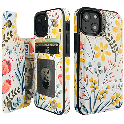 HAOPINSH for iPhone 13 Mini Case Wallet with Card Holder Floral Flower Pattern Back Flip Folio PU Leather Kickstand Card Slots Case for Women Girls Double Magnetic Clasp Shockproof Cover 5.4