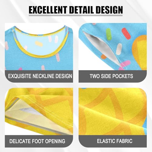 ALAZA Yellow Blue Ice Cream Pajamas Set Short Sleeve Cotton Sleepwear Summer Pjs 2 Piece 5-14Y4