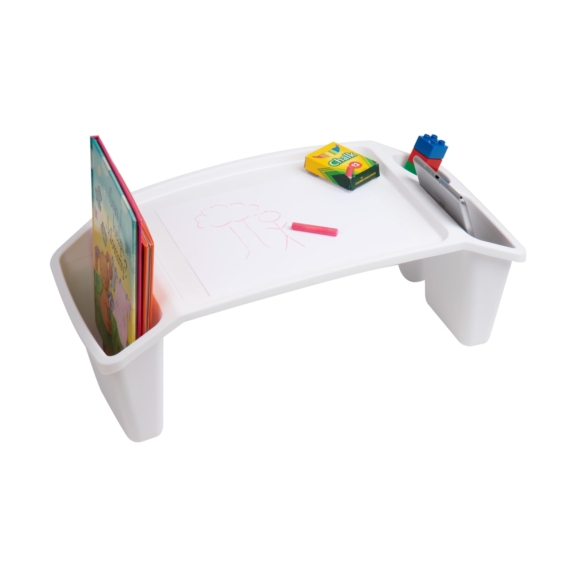 Mind Reader Sprout Collection, Portable Desk, Breakfast Tray, Laptop Desk, Side Storage Pockets with 3 Compartments for Toys, Coloring Books, Tablets, Books, Games and Snacks, White
