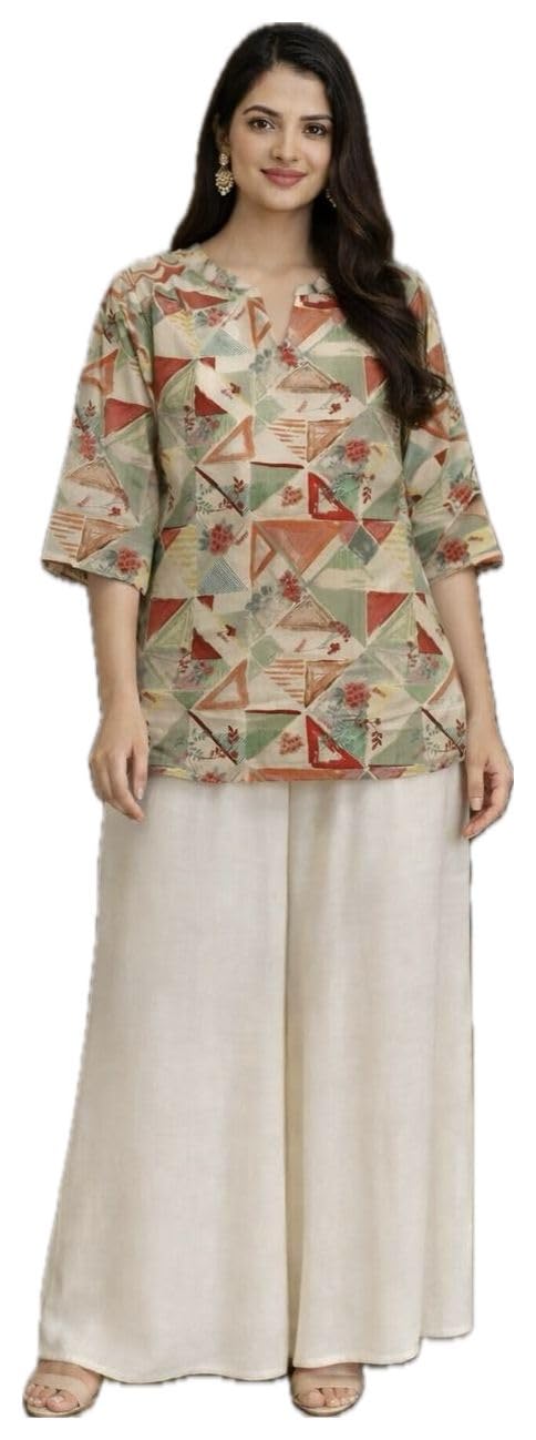 Zamkudi Women's Geometric Print Rayon Slub Co-ord Set, Cream, Top with Palazzo-picture-25