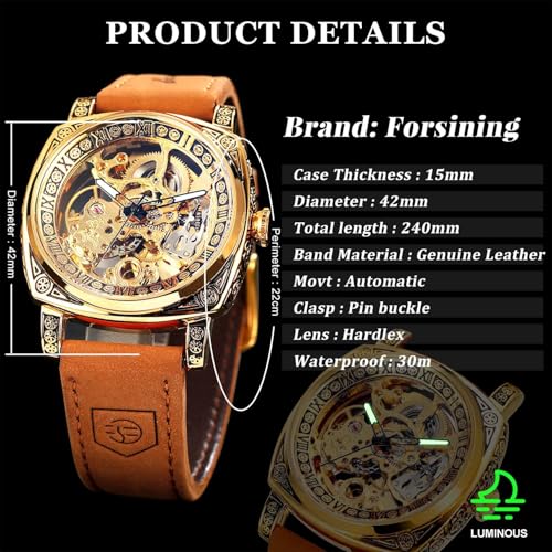 FORSINING Square Luxury Retro Mechanical Watch for Men, Gorgeous Hollow Skeleton Self-Wind Carved Automatic Watches Vintage Leather Strap Wristwatch Silver Dail Black Strap