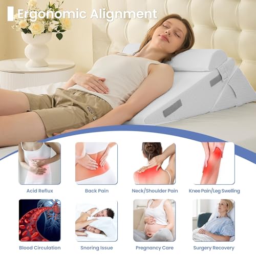 Image of Sasttie Wedge Pillow Set for After Surgery, 2PCS Adjustable Bed Wedge Pillow Headboard with Memory Foam Neck Cushion - for Acid Reflux, Sleeping, Neck & Back Support, White