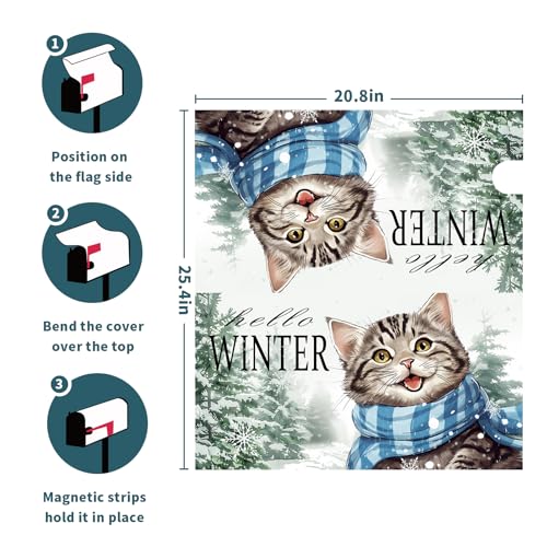 Image of Hello Winter Cat Mailbox Cover Magnetic Large Size 25.5 inchx21 inch Winter Snow Pine Tree Mail Box Covers Winter Christmas Kitten Mailbox Wrap Magnetic Snowy Post Letter Box for Outside
