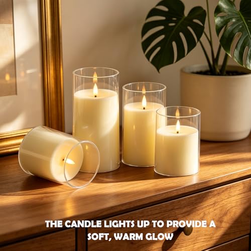 Image of kakoya Flickering Flameless Candles Battery Operated with Remote and 2 /4 /6 /8 H Timer Acrylic Led Pillar Candles Pack of 9 (D 3 inch xH 4 inch 5 inch 6 inch) with Realistic 3D Wick Candles for Home Decor(Ivory)
