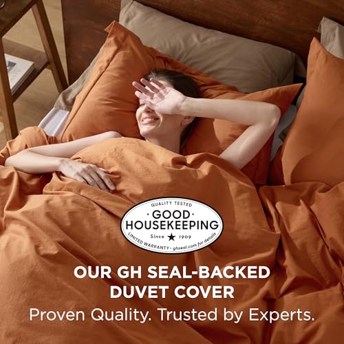 Bedsure 100% Washed Cotton Duvet Cover Queen Size - Burnt Orange Minimalist Cotton Duvet Cover Linen Like for All Seasons - GentleSoft™ Plain Simple Bedding (Burnt Orange, Queen, 90"x90")