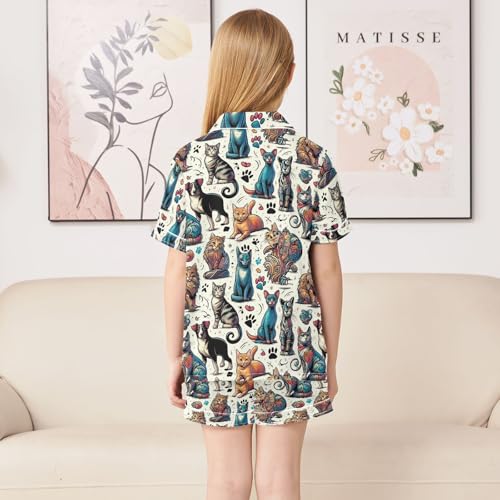ALAZA Cat Kitten Dog Paw Print Pajamas Satin Pajama Set Short Sleeve Button Down Sleepwear4