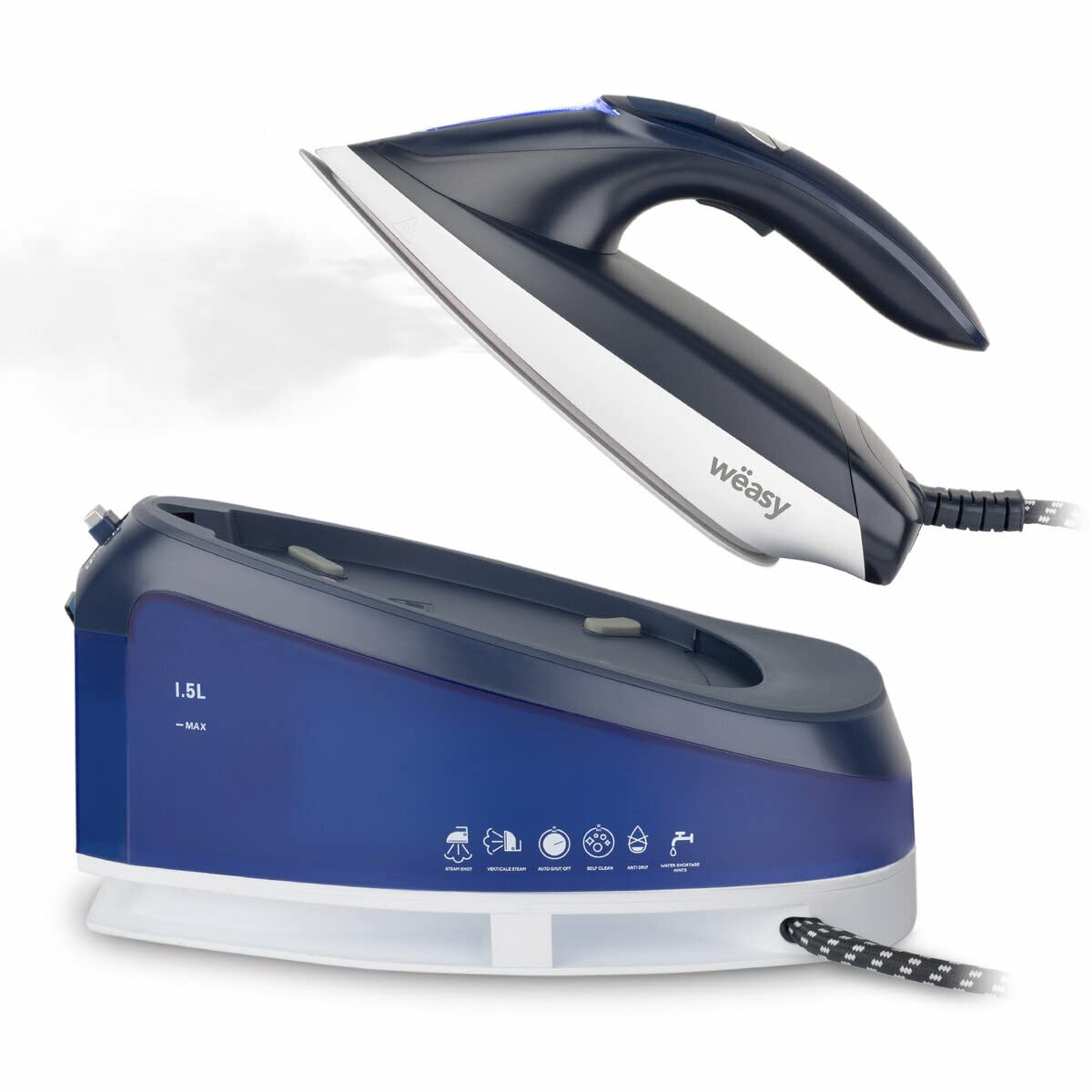 LIN220 Ironing Center, High pressure, 5.5 Bar, Continuous, 120 g/min, Unlimited Autonomy, Vertical Steam, Stainless Steel Sole, Compact, Water Tank 1.5L, Ceramic, 200 W, Blue