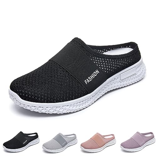 Women's Knitted Mesh Flat Mules,Fashion Backless Breathable Mesh Fabric Non-Slip Soft Soles Comfort Slip-on Outdoor Walking Sneakers Slippers