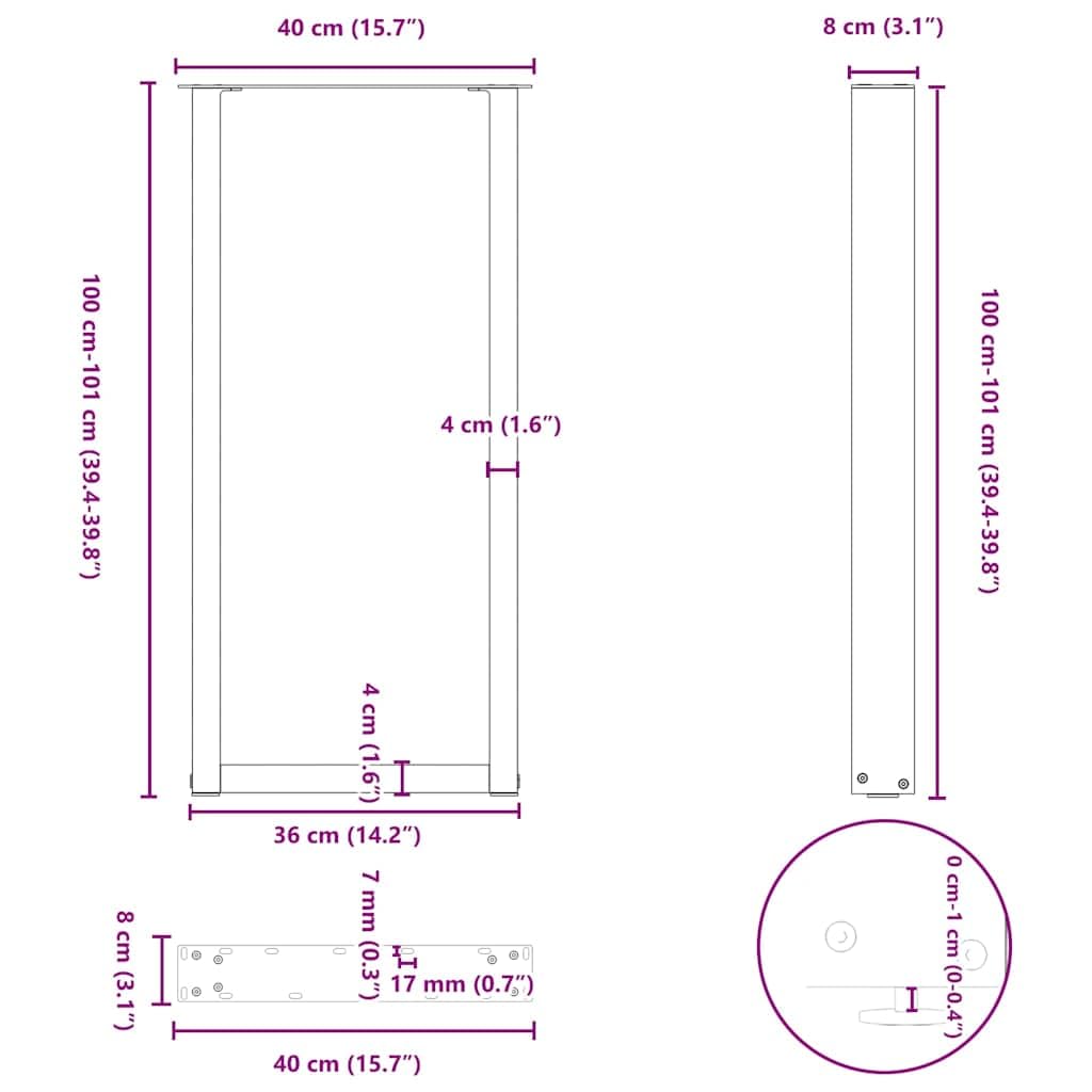vidaXL Patas para Mesa de Bar en Forma de U (2 Unidades), Color Negro, 40 x 100-101 cm, Acero