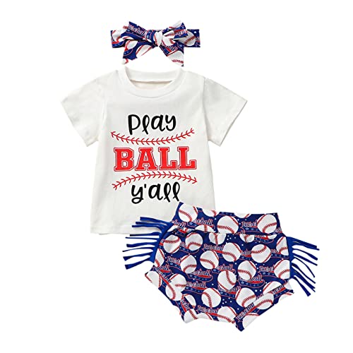 Toddler Baby Girls Summer Outfit Sets Short Sleeve Letter Print Tops with Baseball Print Tassel Shorts Set (Alphabet & Baseball,0-6 Months)