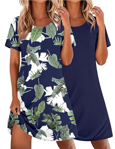 Image of Ekouaer 2 Pack Nightgowns for Women Sleepshirt Short Sleeve Night Shirts
